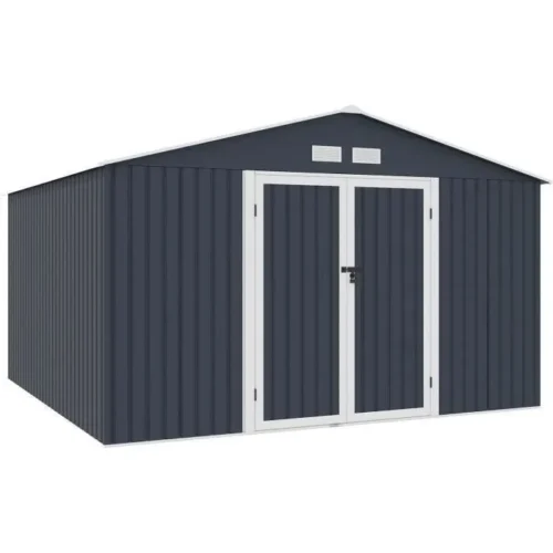 Abri de jardin en métal 10,85 m2 – 340 x 319 x 210 – LUNEX – Kit d’ancrage inclus, 2 portes battantes – Gris