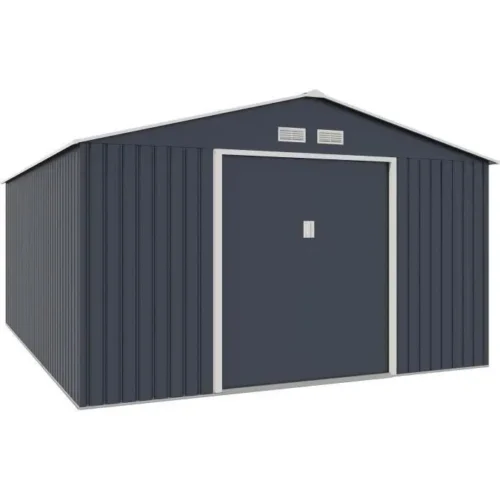 Abri de jardin en métal 15,16 m² – 340 x 446 x 210 – SATURNE – Kit d’ancrage inclus, 2 portes coulissantes – Gris
