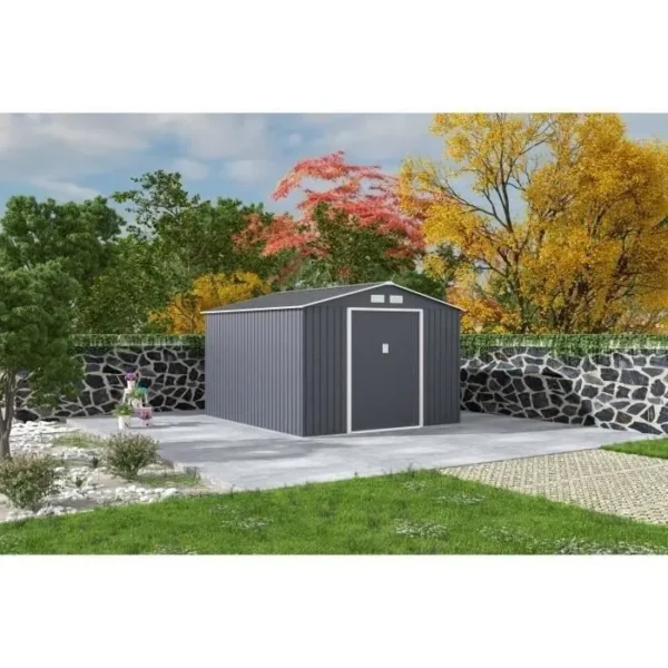 Abri de jardin en métal 12,99 m² - 340 x 382 x 210 cm - NEPTUNE - Kit d'ancrage inclus, 2 portes coulissantes - Gris – Image 5