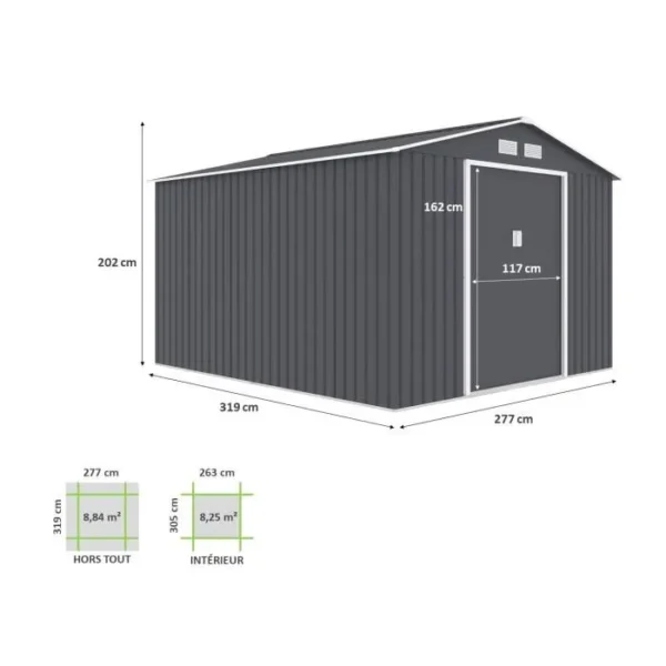 Abri de jardin en métal 12,99 m² - 340 x 382 x 210 cm - NEPTUNE - Kit d'ancrage inclus, 2 portes coulissantes - Gris – Image 3