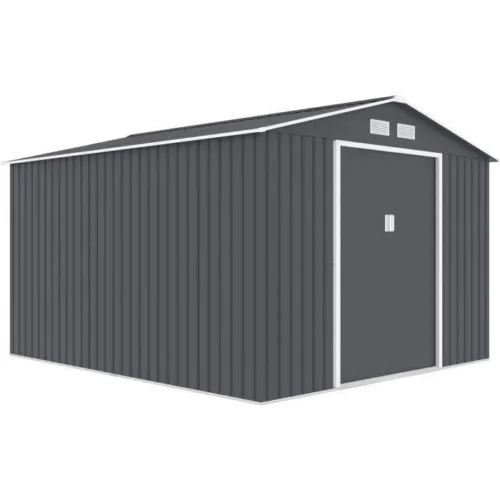 Abri de jardin en métal 12,99 m² – 340 x 382 x 210 cm – NEPTUNE – Kit d’ancrage inclus, 2 portes coulissantes – Gris