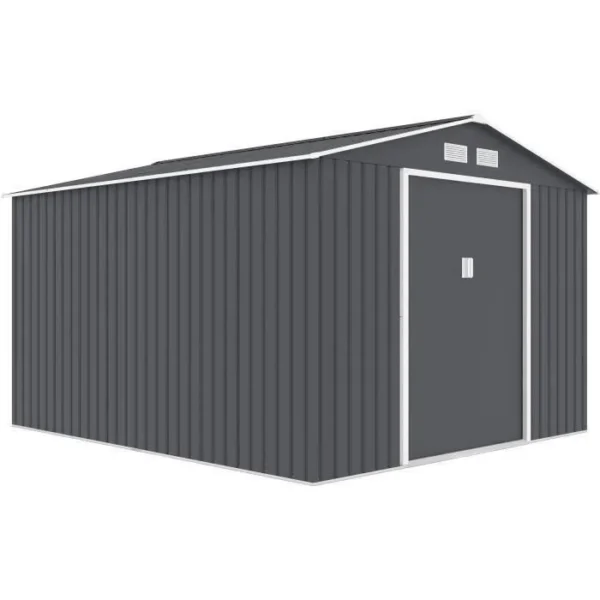 Abri de jardin en métal 12,99 m² - 340 x 382 x 210 cm - NEPTUNE - Kit d'ancrage inclus, 2 portes coulissantes - Gris