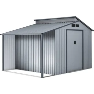 Abri de jardin métal avec pergola "Madras" - 9.12 m² - 257 x 355 x 237 cm - Gris
