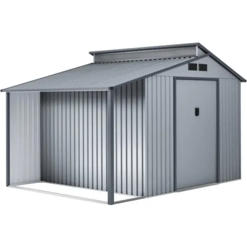 Abri de jardin métal avec pergola « Madras » – 9.12 m² – 257 x 355 x 237 cm – Gris