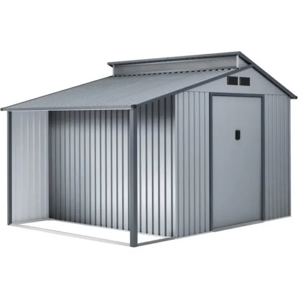 Abri de jardin métal avec pergola "Madras" - 9.12 m² - 257 x 355 x 237 cm - Gris