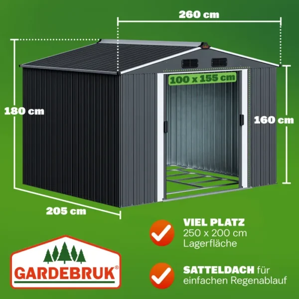 GARDEBRUK® Abri de jardin métal XXL 5m² fondation 260x205x180cm porte coulissante anthracite-métallique cabane de jardin cabanon – Image 5