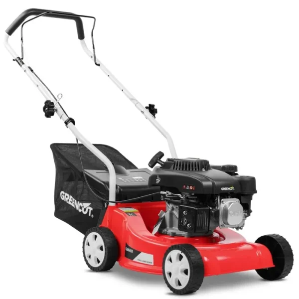 Tondeuse à gazon essence 132cc 5cv, moteur 4T OHV, traction manuelle, lame 390mm, hauteur réglable, panier 35L - Greencut GLM660X