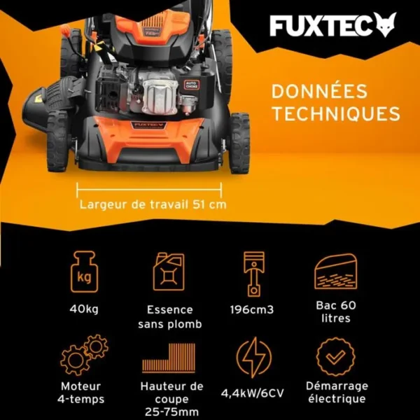 Tondeuse thermique autotractée démarrage électrique 196cm3 51cm - FUXTEC FX-RM5196eS - 6CV 60L – Image 4